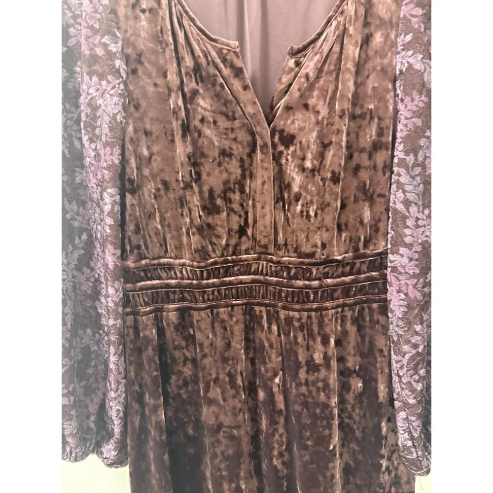 Frye and Co Burgundy Crushed Velvet Floral Maxi Dress Long Sleeve Smock Sz L